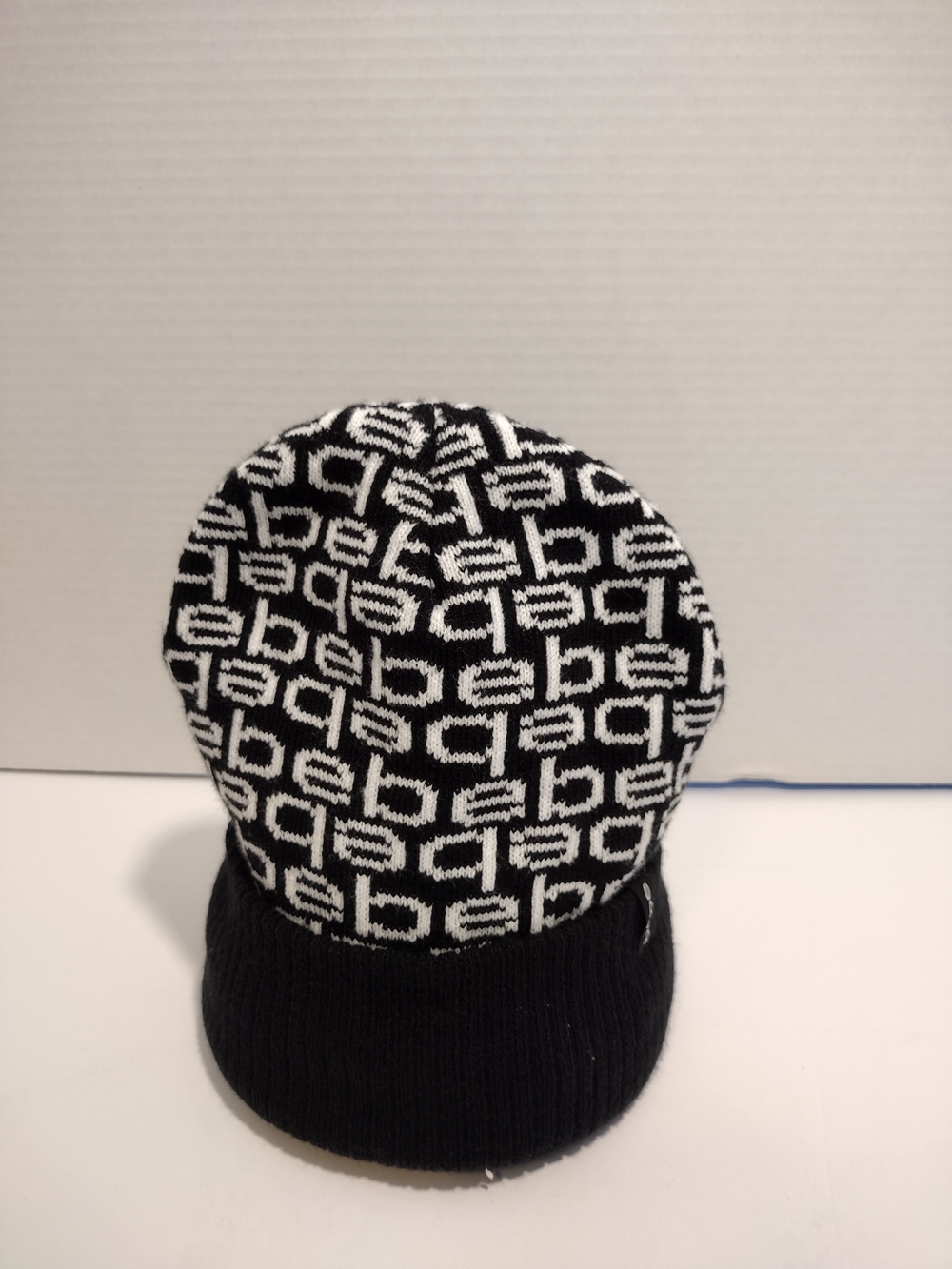 Bebe Black and White Patterned Knit Cap